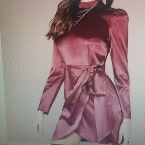 MOCK NECK KNOT SIDE HEM SATIN DRESS